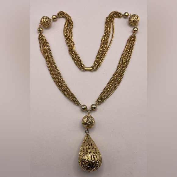 Vintage Gold Tone Festoon Multi Chain Necklace Filigree Sphere Tear Drop Pendant - Picture 4 of 8